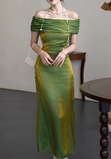 Elegant Sheath Green Long Prom Dresses Off Shoulder Satin Green Wedding Guest Dresses DP3825