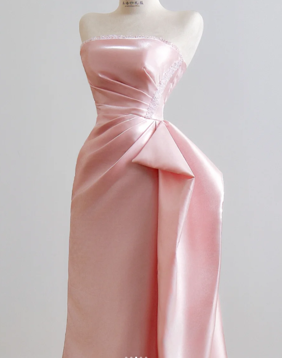 Cute Sheath Pink Long Prom Dresses Strapless Sleeveless Formal Dresses Satin Pink Birthday Dresses  DP3826