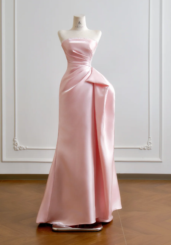 Cute Sheath Pink Long Prom Dresses Strapless Sleeveless Formal Dresses Satin Pink Birthday Dresses  DP3826