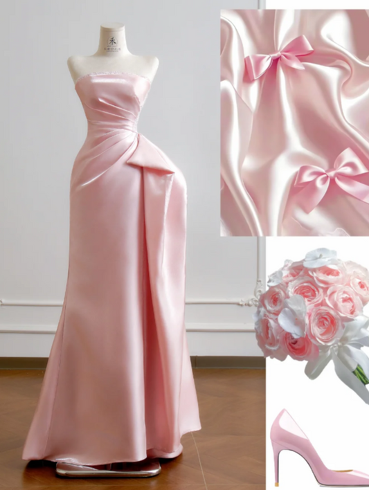 Cute Sheath Pink Long Prom Dresses Strapless Sleeveless Formal Dresses Satin Pink Birthday Dresses  DP3826