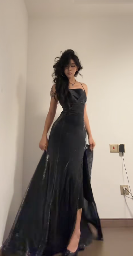 Sexy Sheath Dark Grey Long Prom Dresses with Slits, Spaghetti Straps Satin Dark Grey Birthday Dresses DP3827