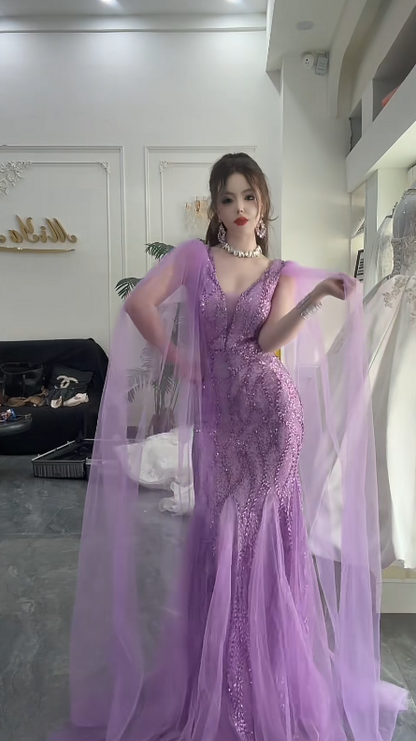 Elegant Mermaid Purple Long Prom Dresses Tulle Purple Wedding Guest Dresses DP3828