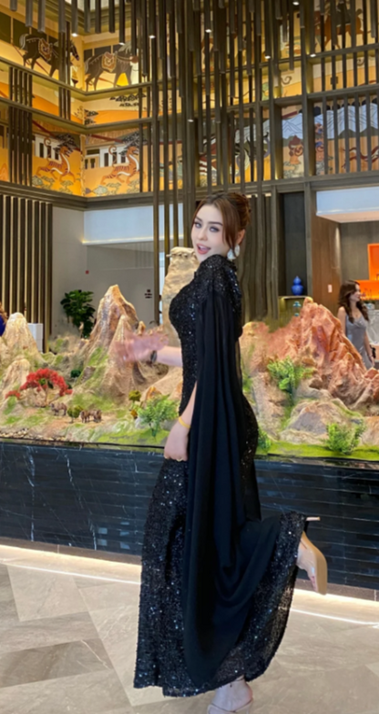 Elegant Sheath Black Long Prom Dresses Tulle Sequin Black Wedding Guest Dresses DP3829