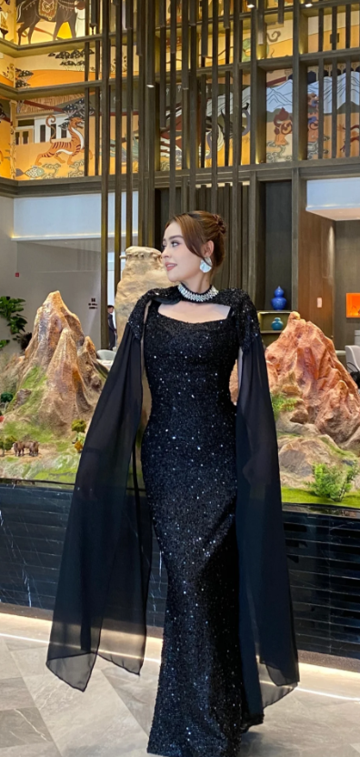 Elegant Sheath Black Long Prom Dresses Tulle Sequin Black Wedding Guest Dresses DP3829