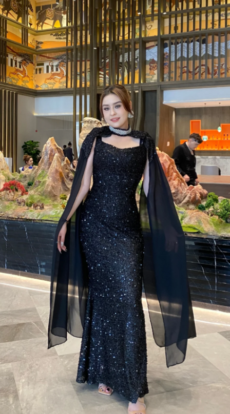 Elegant Sheath Black Long Prom Dresses Tulle Sequin Black Wedding Guest Dresses DP3829