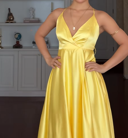 Chic V-neck Sheath Yellow Long Prom Dresses Satin Yellow Wedding Guest Dresses DP3830