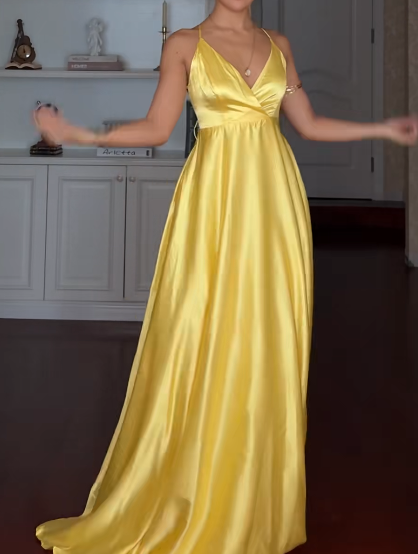 Chic V-neck Sheath Yellow Long Prom Dresses Satin Yellow Wedding Guest Dresses DP3830