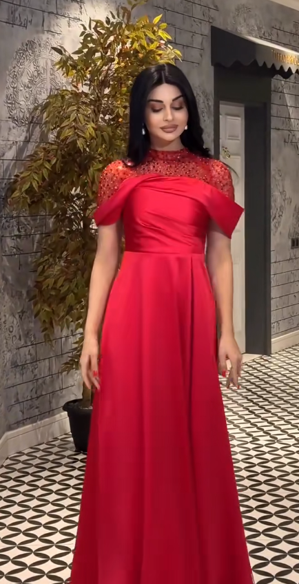 Chic Turtleneck A-Line Red Long Prom Dresses Short Sleeve Formal Dresses Beaded Satin Red Evening Dresses DP3832