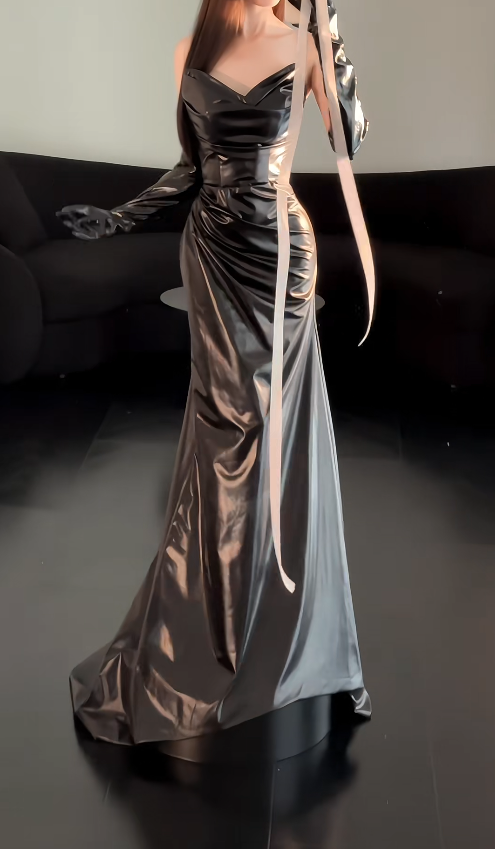 Chic Sweetheart Neck Sheath Black Long Prom Dresses Sleeveless Leather Black Evening Dresses DP3836