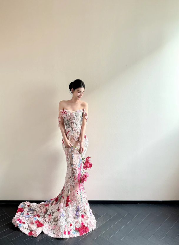 Fairy Off-the-Shoulder Mermaid Long Prom Dresses Sleeveless Tulle 3D Applique Evening Dresses DP3837