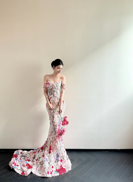 Fairy Off-the-Shoulder Mermaid Long Prom Dresses Sleeveless Tulle 3D Applique Evening Dresses DP3837