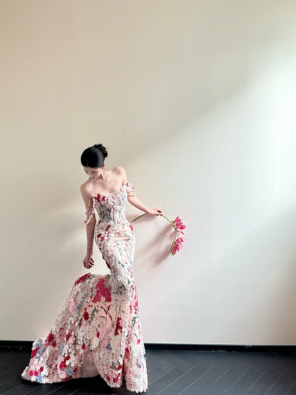 Fairy Off-the-Shoulder Mermaid Long Prom Dresses Sleeveless Tulle 3D Applique Evening Dresses DP3837