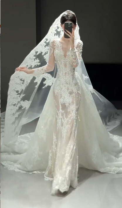 Modest V-neck Sheath Train Long Wedding Dresses Long Sleeve Lace Applique Bridal Dresses White Bridal Gowns DP3841