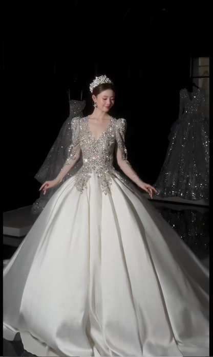 Timeless  A-Line Long Wedding Dresses Sweetheart Neck Satin Long Sleeve Bridal Dresses White Bridal Gowns DP3848