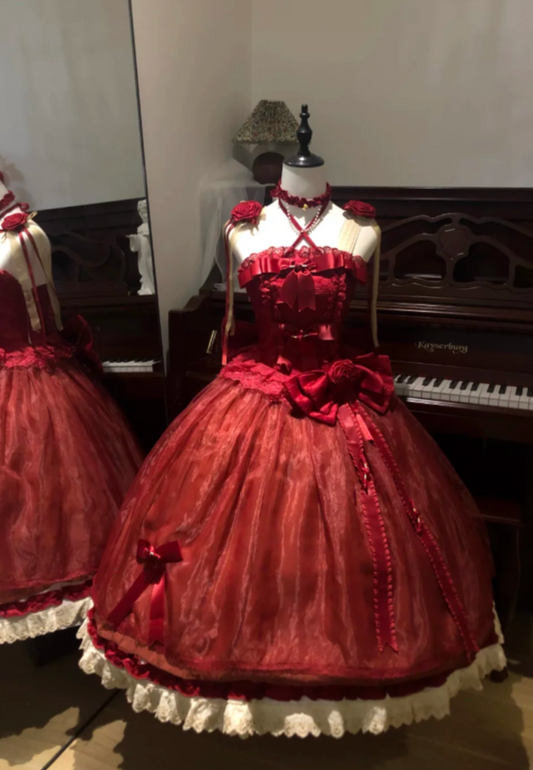 Cute Halter Short Ball Gown Tulle Burgundy Birthday Dresses Sweet Lace Burgundy Lolita Dresses DP3851