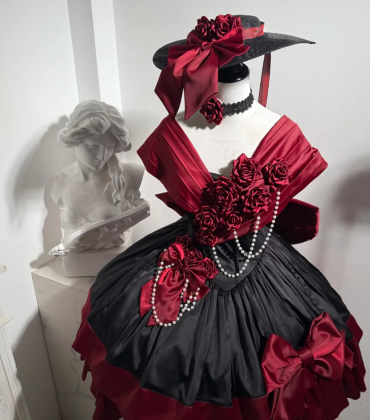 Cute V-neck Short Ball Gown Short Sleeves Satin Black/Red Birthday Dresses Sweet Black/Red Lolita Dresses DP3852