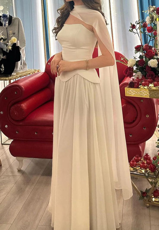 Elegant Strapless Sheath White Long Prom Dresses Sleeveless Chiffon White Evening Dresses with Shawl DP3854