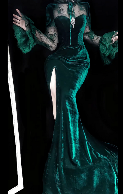 Sexy V-neck Mermaid Dark Green Long Prom Dresses Long Sleeve Velvet Dark Green Evening Dresses DP3855