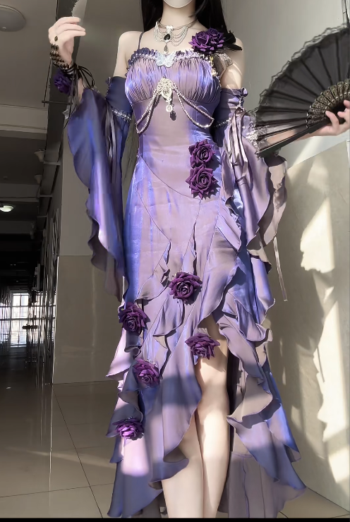 Sexy Spaghetti Strap Sheath Purple Long Prom Dresses Sleeveless Satin Ruffle Purple Birthday Dresses DP3856