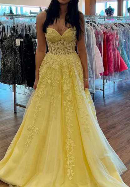 Chic Sweetheart A-line Yellow Long Prom Dresses Sleeveless Tulle Applique Yellow Birthday Dresses DP3857