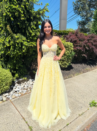 Chic Sweetheart A-line Yellow Long Prom Dresses Sleeveless Tulle Applique Yellow Birthday Dresses DP3857