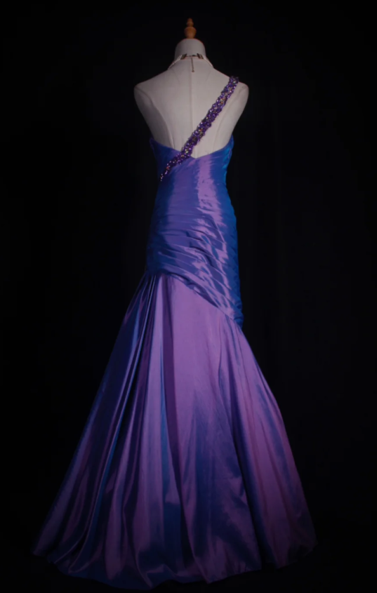 Chic One Shoulder Mermaid Purple Long Prom Dresses Sleeveless Taffeta Purple Evening Dresses DP3859