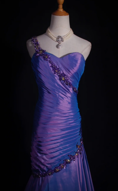 Chic One Shoulder Mermaid Purple Long Prom Dresses Sleeveless Taffeta Purple Evening Dresses DP3859