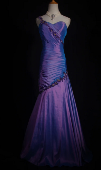 Chic One Shoulder Mermaid Purple Long Prom Dresses Sleeveless Taffeta Purple Evening Dresses DP3859