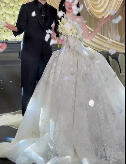 Gorgeous Strapless Ball Gown Lace Long Wedding Dresses Applique White Bridal Gowns Sleeveless Bridal Dresses DP3861