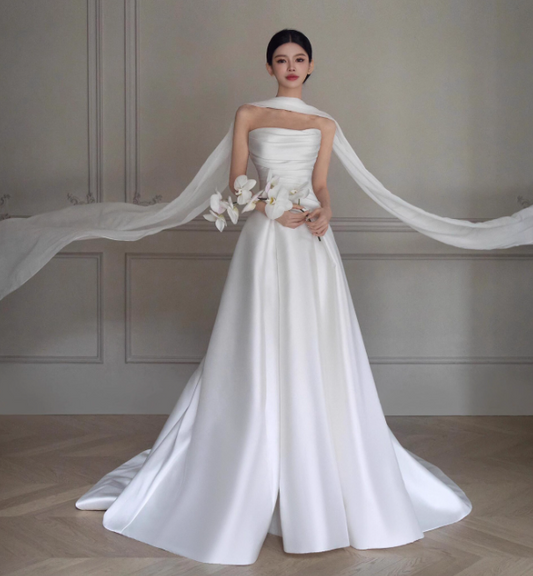 Simple Strapless Sheath Satin Long Wedding Dresses White Bridal Gowns Sleeveless Bridal Dresses DP3865