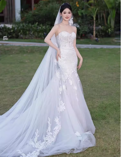 Simple Sweetheart Neck Mermaid Lace Long Wedding Dresses Applique White Bridal Gowns Sleeveless Bridal Dresses DP3866