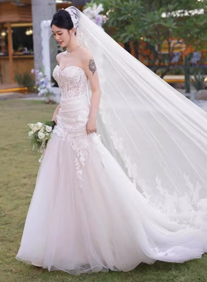 Simple Sweetheart Neck Mermaid Lace Long Wedding Dresses Applique White Bridal Gowns Sleeveless Bridal Dresses DP3866