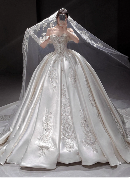 Princess Strapless Ball Gown Satin Long Wedding Dresses Applique White Bridal Gowns Short Sleeve Bridal Dresses DP3867