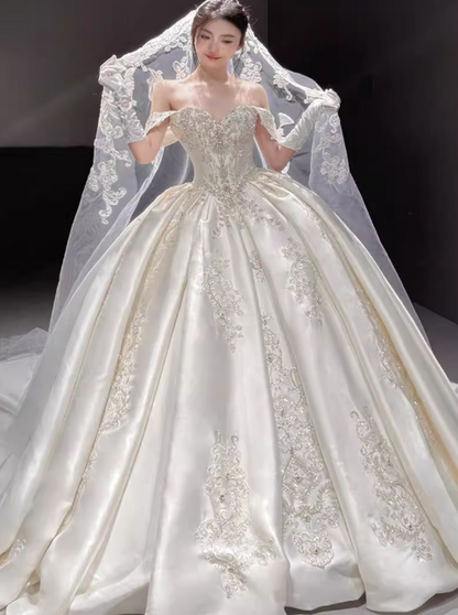 Princess Strapless Ball Gown Satin Long Wedding Dresses Applique White Bridal Gowns Short Sleeve Bridal Dresses DP3867