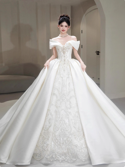 Princess Strapless Ball Gown Satin Long Wedding Dresses Beaded White Bridal Gowns Short Sleeve Bridal Dresses DP3868