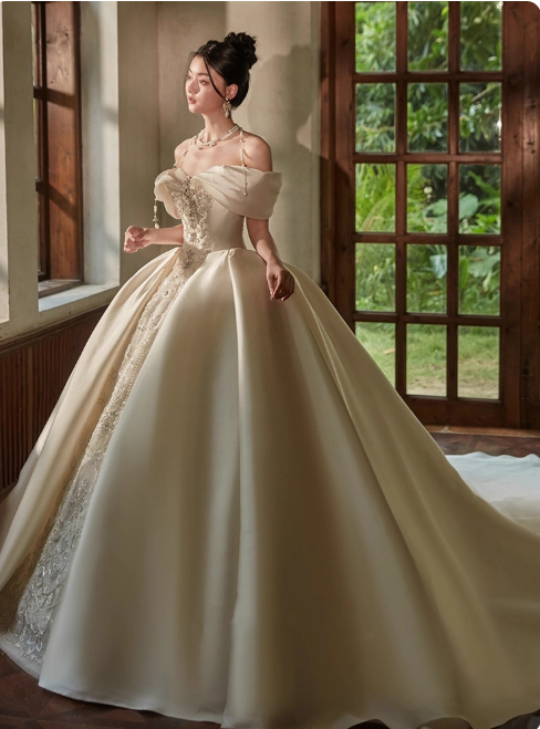 Princess Strapless Ball Gown Satin Long Wedding Dresses Beaded White Bridal Gowns Short Sleeve Bridal Dresses DP3868