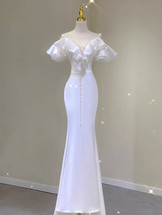 Simple Mermaid V Neckline Long White Wedding Dresses Summer Brides Dress DP386