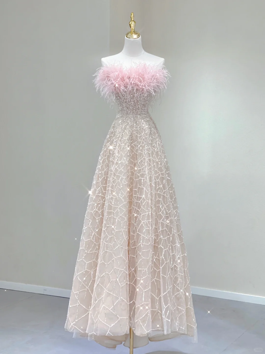 Pretty A line Strapless Tulle Long Prom Dresses Graduation Dress High School Classy Evening Dresses DP387