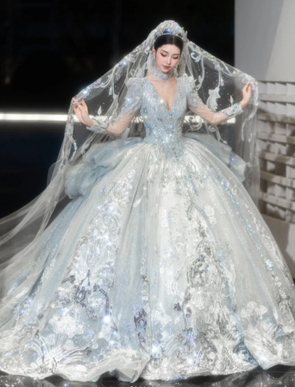 Sparkly V-neck A-Line Tulle Long Wedding Dresses Rhinestone Ice Blue Bridal Gowns Long Sleeve Bridal Dresses DP3870