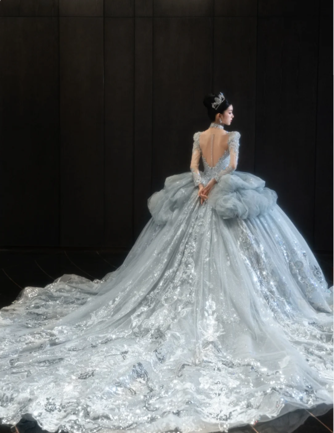 Sparkly V-neck A-Line Tulle Long Wedding Dresses Rhinestone Ice Blue Bridal Gowns Long Sleeve Bridal Dresses DP3870