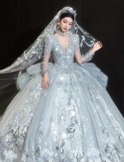 Sparkly V-neck A-Line Tulle Long Wedding Dresses Rhinestone Ice Blue Bridal Gowns Long Sleeve Bridal Dresses DP3870