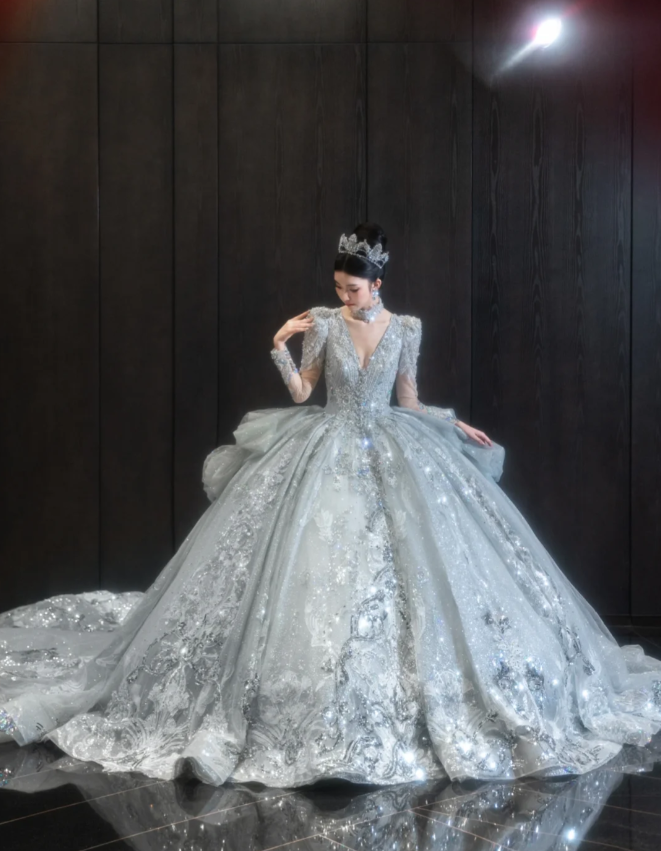 Sparkly V-neck A-Line Tulle Long Wedding Dresses Rhinestone Ice Blue Bridal Gowns Long Sleeve Bridal Dresses DP3870