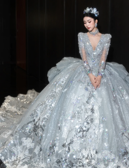 Sparkly V-neck A-Line Tulle Long Wedding Dresses Rhinestone Ice Blue Bridal Gowns Long Sleeve Bridal Dresses DP3870