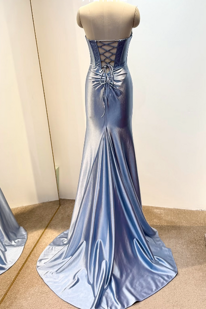 Elegant Strapless Sheath Grey Blue Long Prom Dresses Satin Grey Blue Evening Dresses DP3871