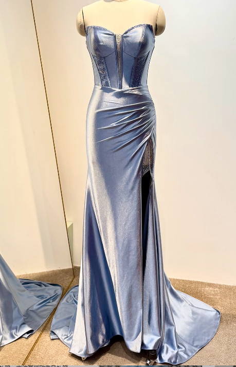 Elegant Strapless Sheath Grey Blue Long Prom Dresses Satin Grey Blue Evening Dresses DP3871