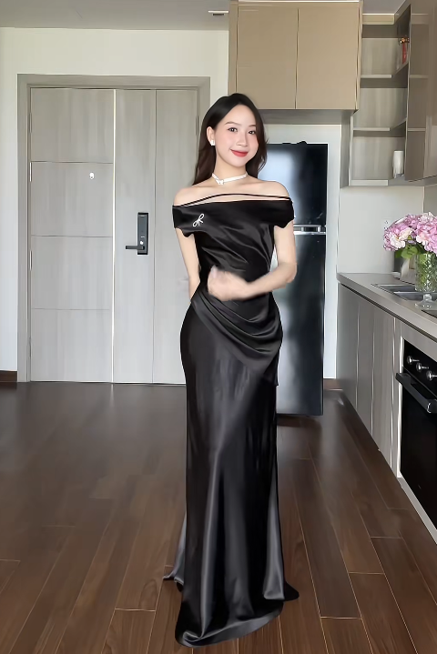 Elegant Bateau Sheath Black Long Prom Dresses Satin Black Wedding Guest Dresses DP3873