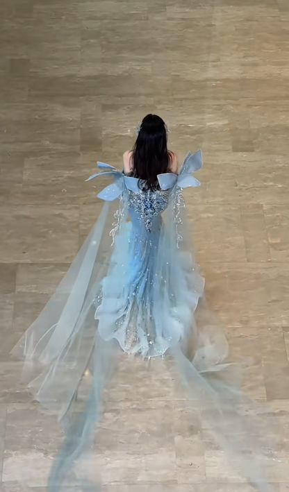 Gorgeous Sweetheart Mermaid Blue Long Prom Dresses Tulle Rhinestone Blue Long Birthday Dresses DP3874