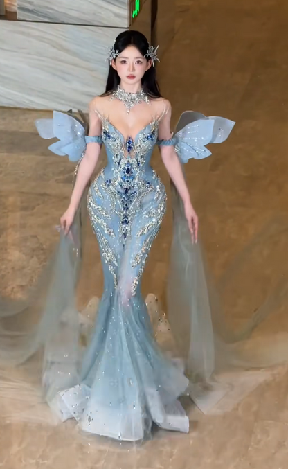 Gorgeous Sweetheart Mermaid Blue Long Prom Dresses Tulle Rhinestone Blue Long Birthday Dresses DP3874