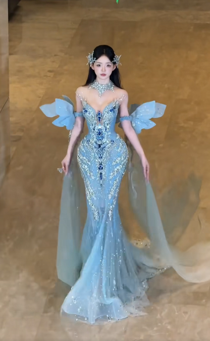 Gorgeous Sweetheart Mermaid Blue Long Prom Dresses Tulle Rhinestone Blue Long Birthday Dresses DP3874