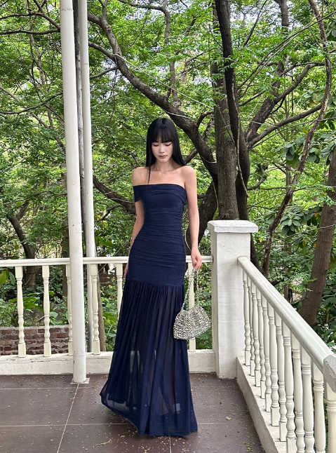 Elegant One Shoulder Sheath Navy Blue Long Prom Dresses Chiffon Navy Blue Evening Dresses DP3875